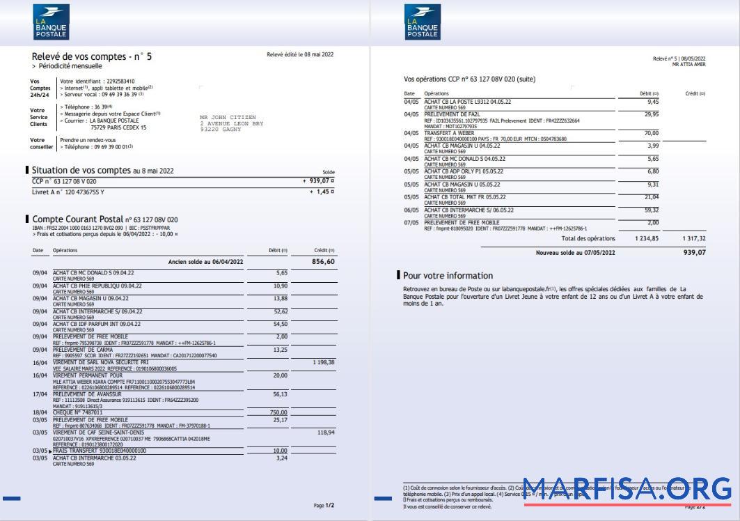 Downloadable France La Banque postale bank statement word 3 pages example